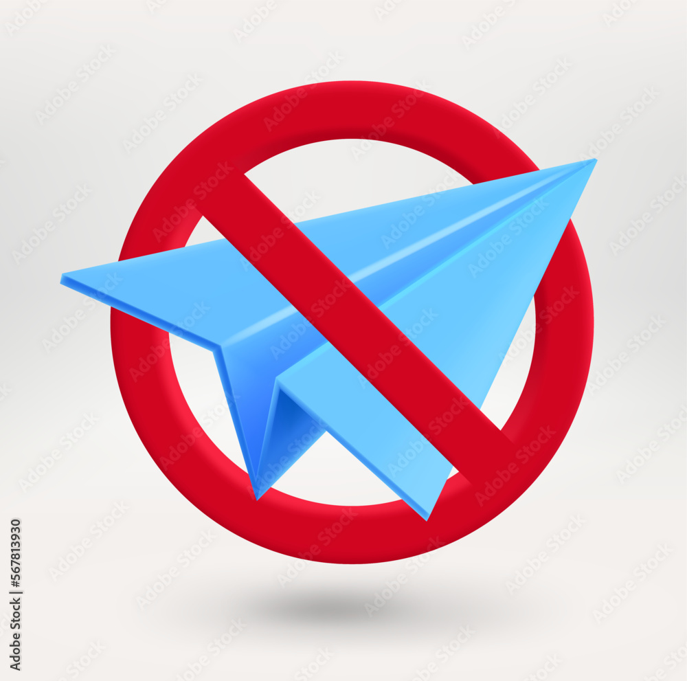 Poster Paper plane icon in red circle with crossed line. No messages concept. 3d vector icon 