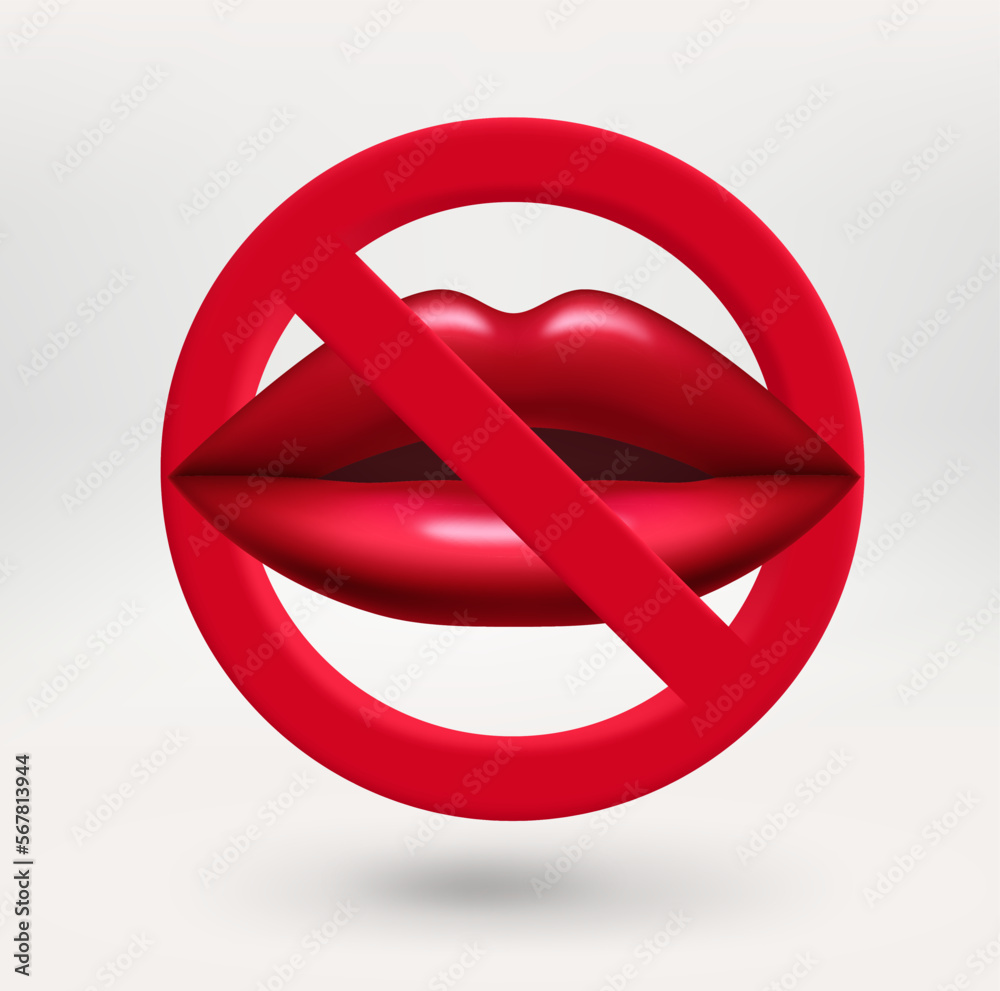 Poster red lips icon in red circle with crossed line. no kiss concept. 3d vector icon