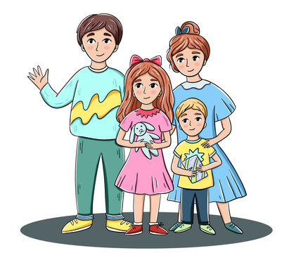 Hand drawn colorful cartoon vector image with happy family, boy, girl and parents clipart