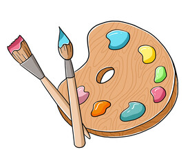 Hand drawn colorful cartoon vector illustration with palette, brushes and colors, artist's equipment