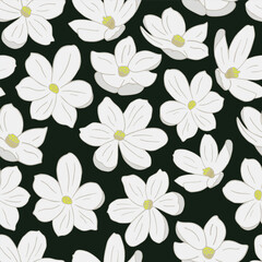 White daffodil bloom seamless vector pattern on black background. Narcissus spring flowers.