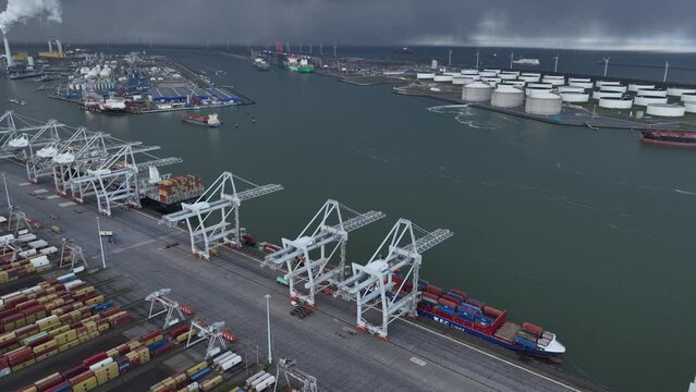 Rotterdam, 19th of January 2023, The Netherlands. Aerial Drone Footage of ECT Delta Terminal: The Future of Container Shipping