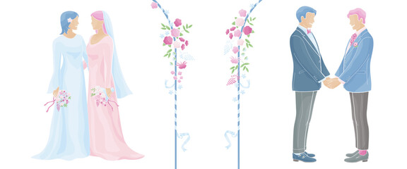 Gay Marriage ceremony,Lesbian Marriage ceremony, LGBT wedding concept Two women holding hands Two men holding hands Color  vector illustration