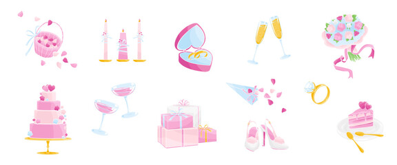 set elements about Marriage ceremony, wedding day.Cake, bridal rings, candles, wedding gifts, glasses of champagne, bridesmaid shoes, color vector illustration 
