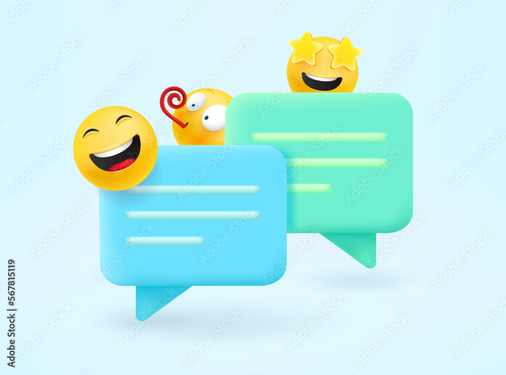 Poster Speech clouds with emojis. Conversation concept. 3d vector icon 

