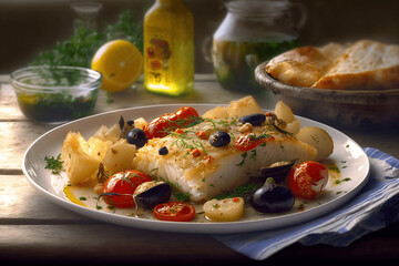 Portuguese Oven-Baked Cod with Tomato, Roasted Potatoes, Olives, and Red Pepper - A Hearty and Delicious Family Dinner Ai generative