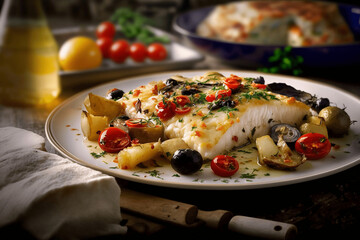 Portuguese Oven-Baked Cod with Tomato, Roasted Potatoes, Olives, and Red Pepper - A Hearty and Delicious Family Dinner Ai generative
