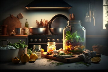 Fototapeta na wymiar Healthy food on a kitchen table, organic food and ingredients. AI generative.