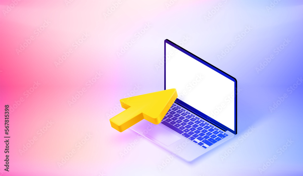 Poster pressing on a screen of modern laptop. 3d vector banner with copy space