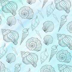 Hand drawn illustrations - seamless pattern of seashells on watercolor background. Marine background. Perfect for invitations, greeting cards, posters, prints, banners, flyers etc