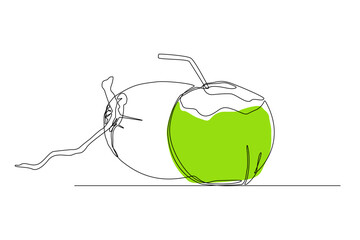 Continuous One Line Drawing Coconut Cocktail with Green Color and White Background