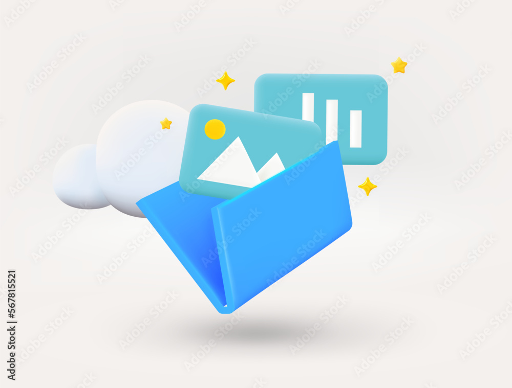 Poster blue folder with galley and charts. new message concept. 3d vector illustration