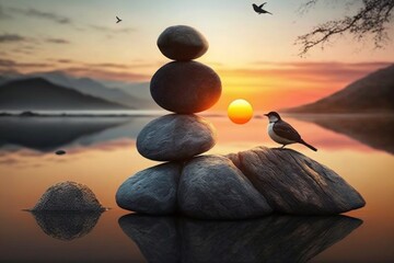 Zen stones on the beach, balance in sunset, generative ai
