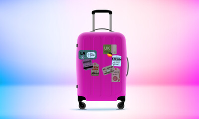 Plastic suitcase with stamps. 3d vector banner with copy space