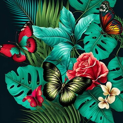 Tropical background wallpaper of palm leaves and roses with colorful butterflies. Generative AI
