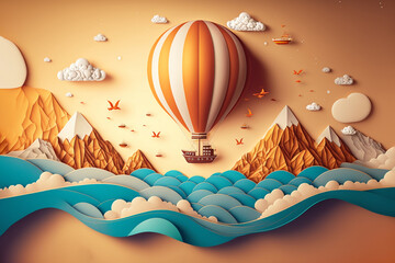 Fototapety  Hot air balloon over the sea,  paper craft art or origami style for baby nursery, children design.Generative ai.
