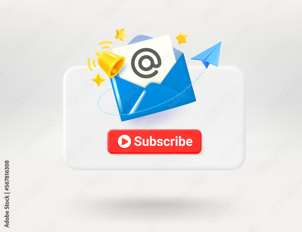 Aufkleber pop up window with red button, blue envelope and golden bell. subscribe concept. 3d vector illustrat