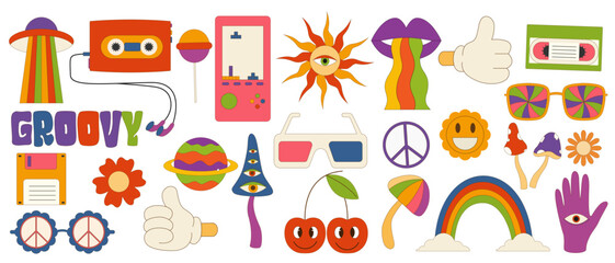 Fototapeta premium Vector set of items 70s. Retro icons in trendy 70s style. Vector icons: lips,floppy disk,heart,daisy,flower, 3d glasses,rainbow,sunglasses,smile face,mashrooms.Vector illustration