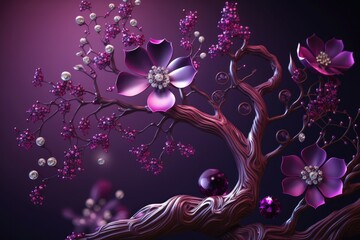 3D wallpaper pink purple jewelry on flowers and tree background. Generative AI