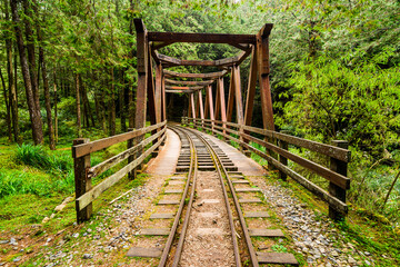 The old forest railway section of the Shuishan Trail at Alishan Forest Recreation Area in Chiayi, Taiwan. Now obsolete and unable to operate.