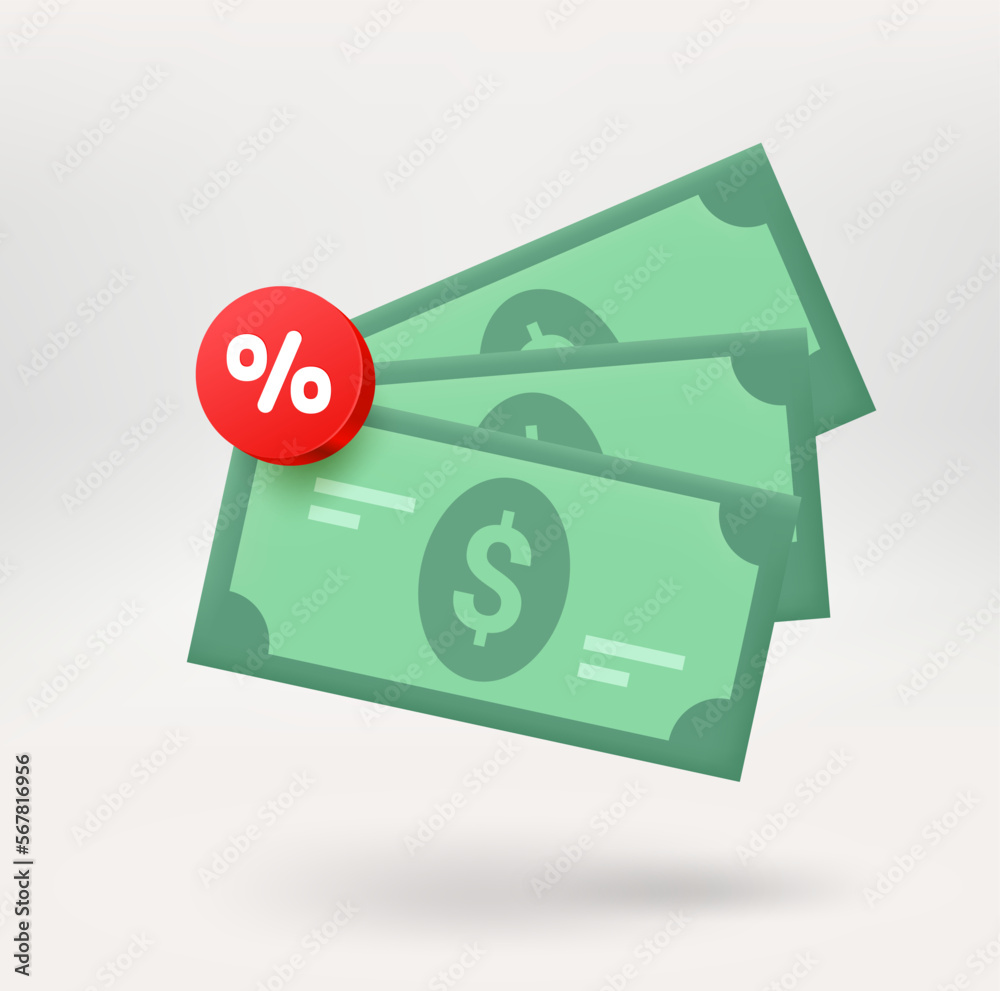 Poster Stack of dollars with a discountt label. 3d vector icon isolated on white background