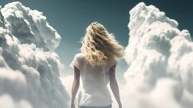 Cinemagraph of blond woman walking towards clouds, ai generated
