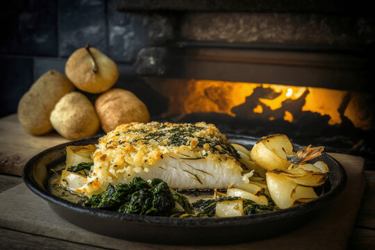 "Bacalhau com broa" codfish baked in the oven with roasted potatoes, red pepper, parsley, olives and onion and olive oil, popular portuguese dish ai generative