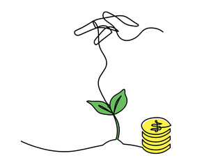 Abstract color coins dollar with hand as continuous lines drawing on white