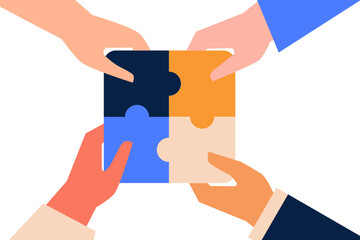 Colorful, flat vector illustration on the topic of teamwork and collaboration. Four white hands holding puzzles. Flat design on white background