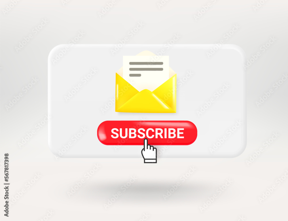 Poster Pop up window with red button. Subscribe concept. 3d vector illustration