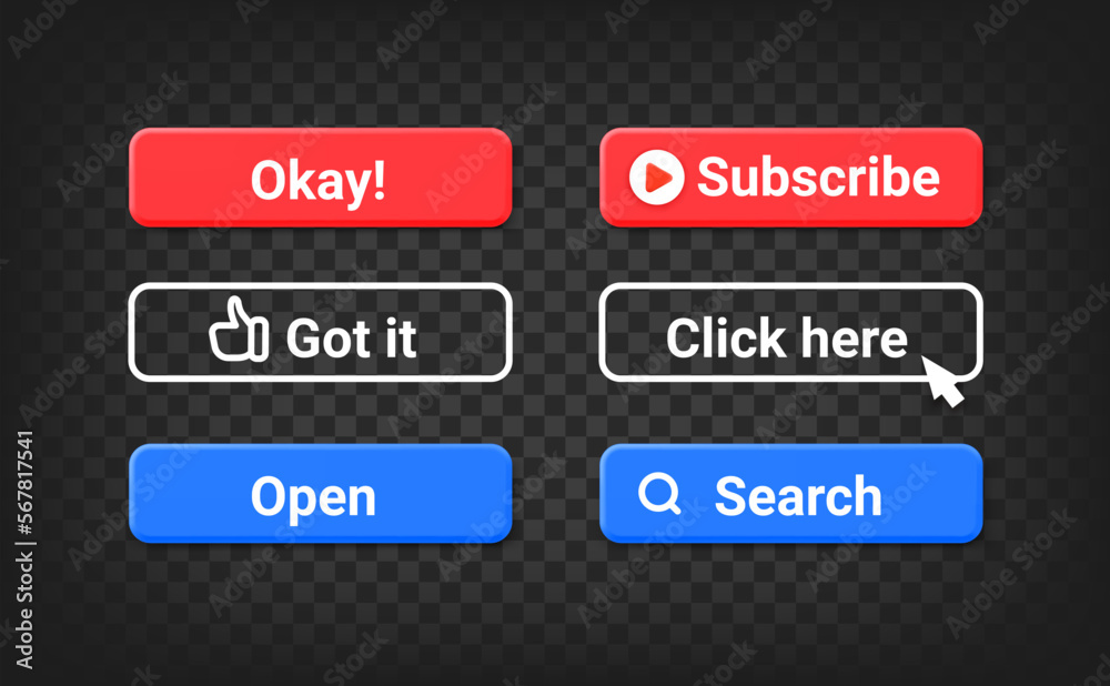 Poster Different interface buttons set. 3d vector objects isolated on transparent background