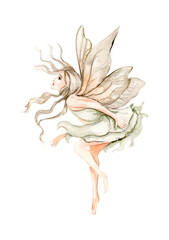 Fototapeta premium Watercolor cartoon fairy with magic wings. Watercolor hand draw fairy tale illustration. Illustartion with white isolated background. Perfect for greeting card, poster, wedding invitation, party decor