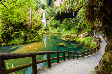 Beautiful view of the Songlong Waterfall at Sun-Link-Sea Vacation Resort in Nantou, Taiwan. 