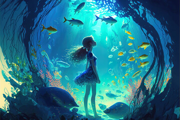 Child in big sea aquarium with colorful fish. Generative AI