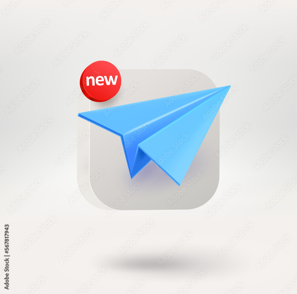 Aufkleber Blue paper plane on a white button. Application icon template. 3d vector icon isolated on white 