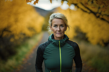 Middle aged blonde ultra marathon runner pausing on a rural track in autumn. Generative AI.