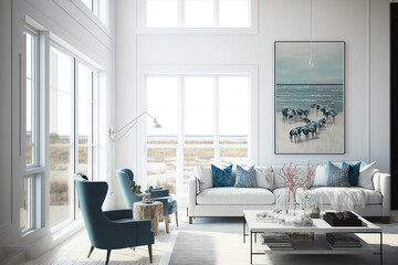 Living area with a coastal theme. White mock wall with comfortable interior of a home. Image in the Hamptons. Generative AI
