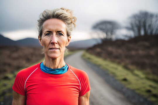Middle aged woman ultra distance runner training on rural road. Generative AI.