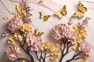 3D wallpaper pink and yellow flowers with brown branches and butterflies on light pink marble background. Generative AI