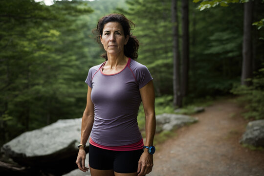 Woman Ultra Runner Wearing Purple Top Resting On Appalachian Trail. Generative AI.