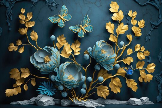 3D Wallpaper Blue Flowers With Yellow Leaves And Butterflies On Blue Marble Background. Generative AI