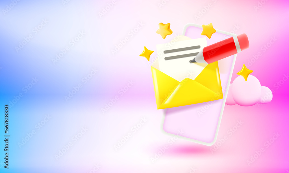 Aufkleber modern smartphone with letter and pencil. writing a new message concept. 3d vector banner with copy 