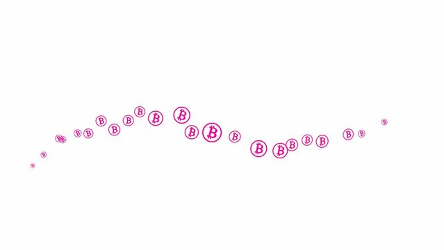 Animated pink bitcoin coins fly from left to right. A wave with flying magenta money. Concept of business, crypto currency, finance. Vector illustration isolated on the white background.