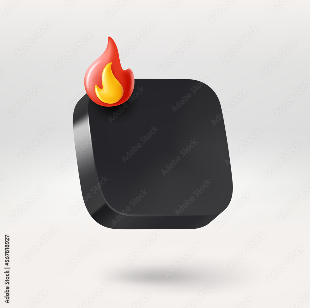 Poster Black empty app icon with bonfire. Place your logo or icon into button. 3d vector icon isolated on white background