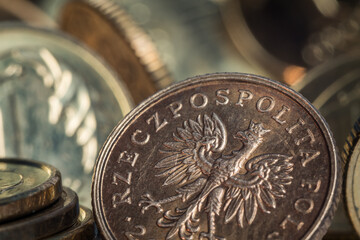 Background: Polish zloty (PLN) coins - GROSZ, PIENIĄDZE, GOTÓWKA, ZŁOTÓWKA, MONETY.