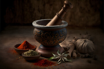 mortar and pestle with herbs and spices. - obrazy, fototapety, plakaty