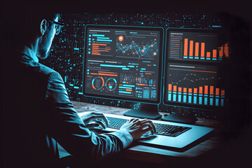 Analyst working with computer in Business Analytics and Data Management System to make report with KPI and metrics connected to database. Corporate strategy for finance, operations, sales, marketing.