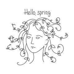 Female. Hair abstract in the form of plant branches. Hello, Spring. Hairstyle with leaves. Vector illustration on a white isolated background.