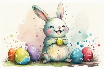 Watercolor Painting Happy Bunny And Easter Eggs Cartoon. Easter Bunny, Easter Rabbit, Easter Hare Concept. Generative AI