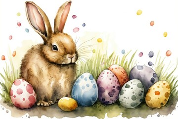 Watercolor Painting Happy Bunny And Easter Eggs Cartoon. Easter Bunny, Easter Rabbit, Easter Hare Concept. Generative AI